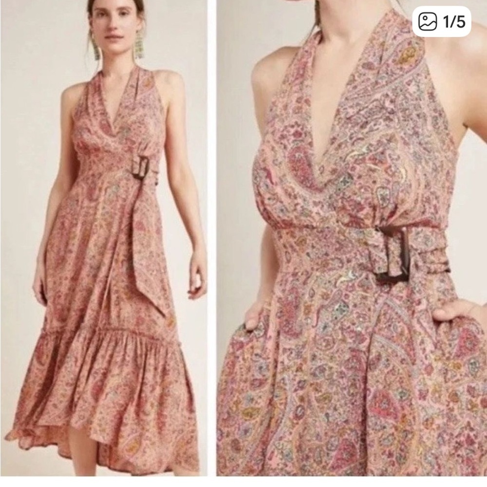 Anthropologie Marfa Pink Paisley Bohemian Midi Dress size 2.